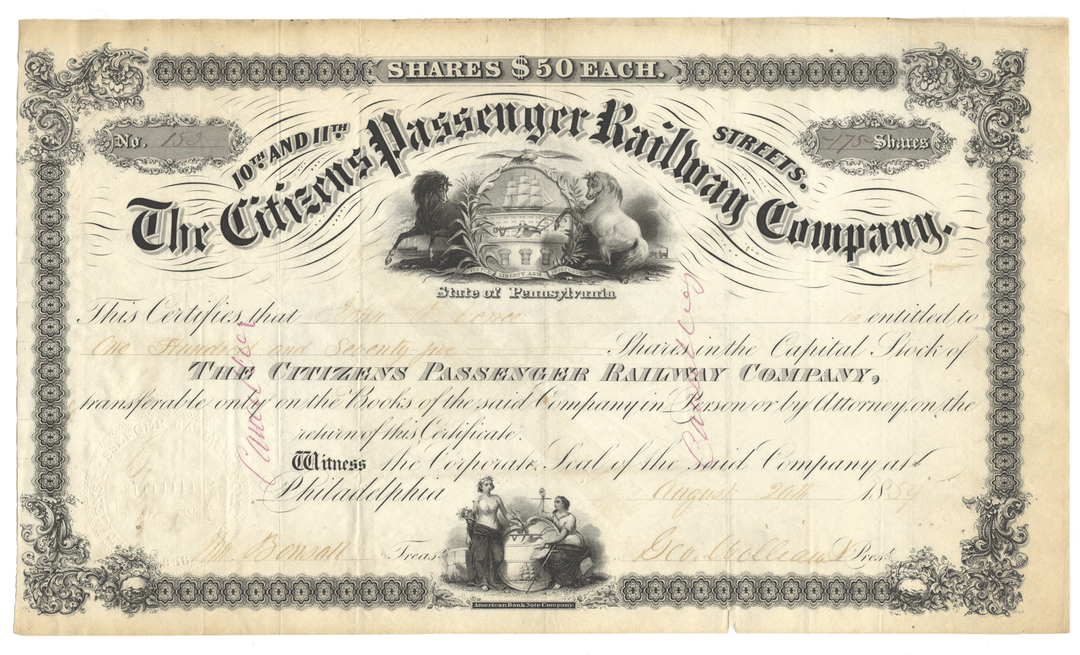 Vintage stock certificate of the Citizens Passenger Railway Company with decorative elements dated 1859