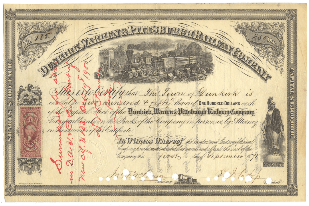 Vintage stock certificate for the Dunkirk, Warren & Pittsburgh Railway Company with a scenic illustration and signature.