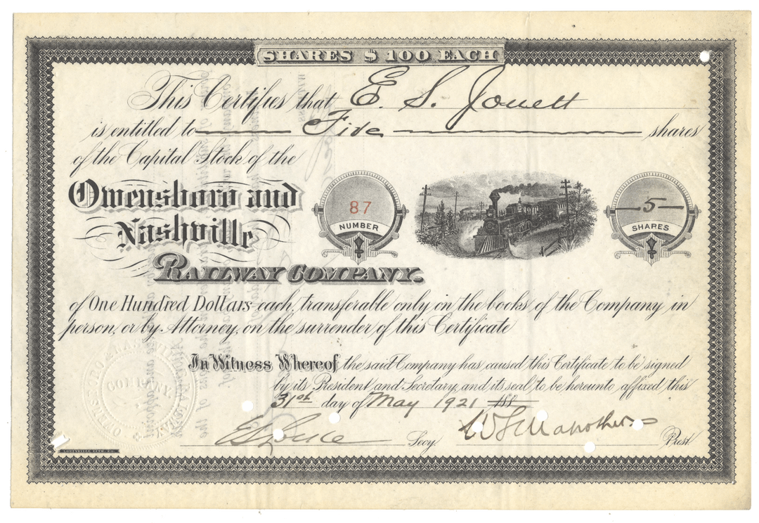 Vintage stock certificate for the Owensboro and Nashville Railway Company with a steam locomotive illustration dated 1921