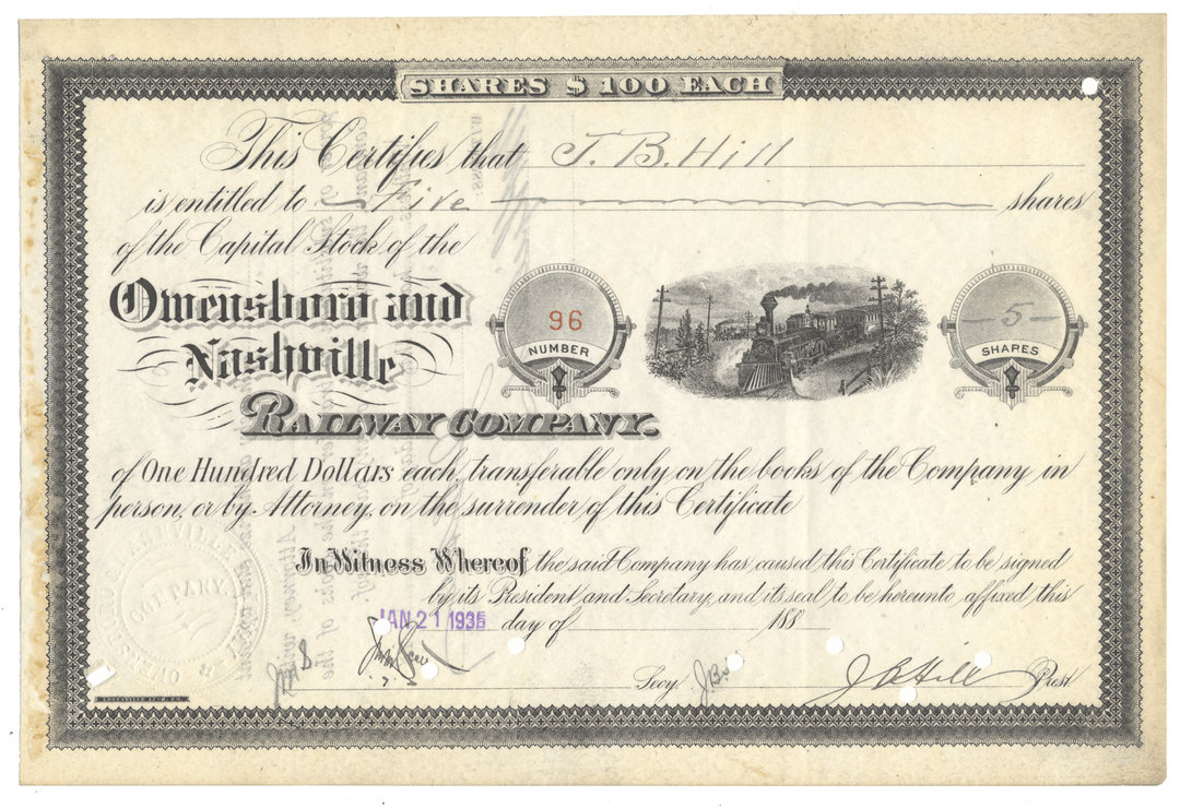 Owensboro and Nashville Railway Company stock certificate from 1935