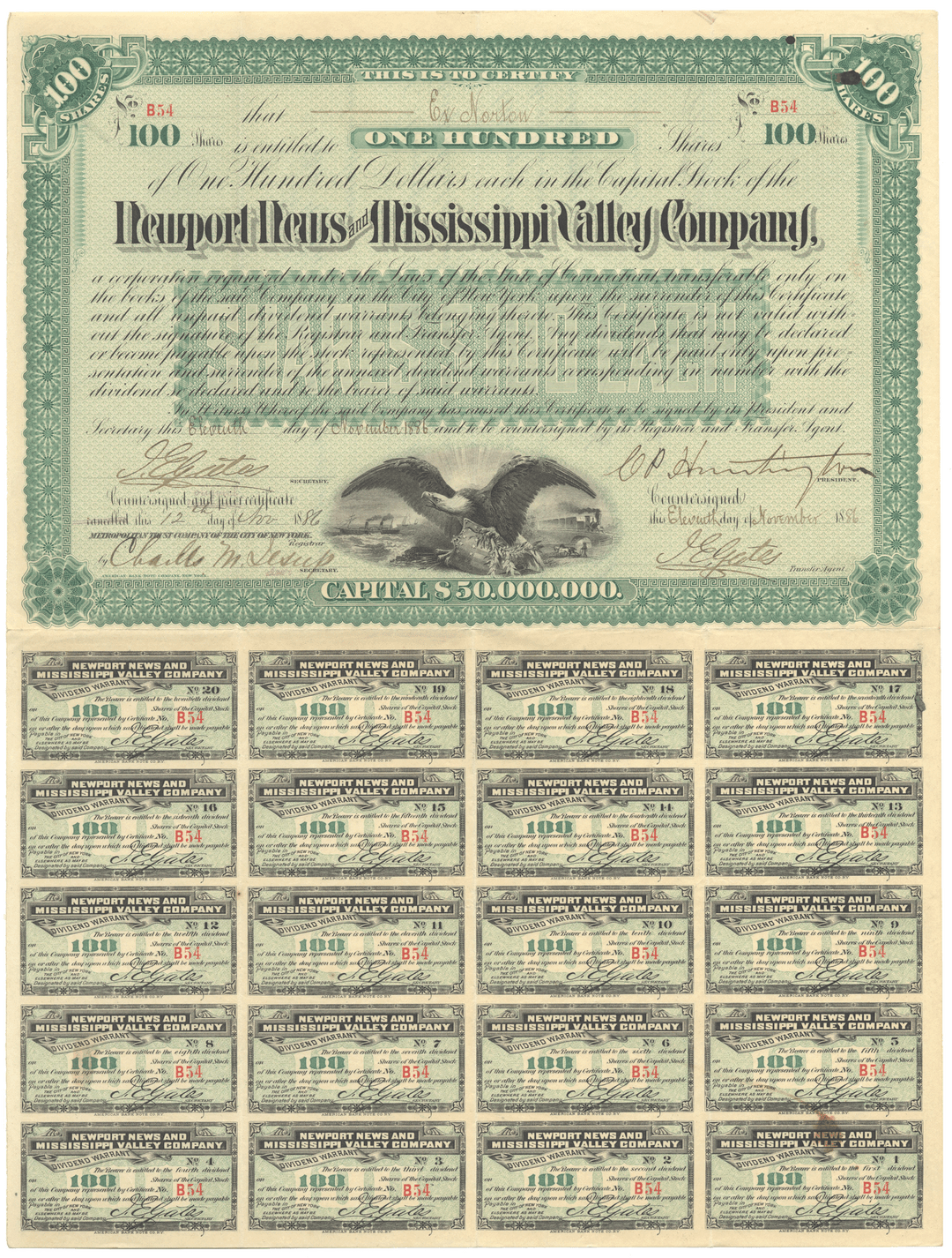 Newport News and Mississippi Valley Company Stock Certificate Signed by Collis P. Huntington