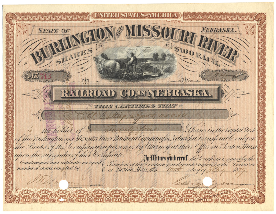 Burlington and Missouri River Railroad Company in Nebraska Stock Certificate