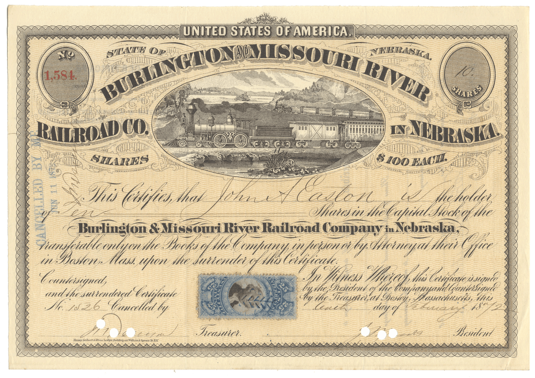 Burlington and Missouri River Railroad Company in Nebraska Stock Certificate