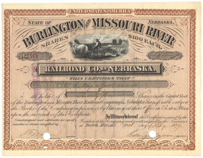 Burlington and Missouri River Railroad Company in Nebraska Stock Certificate