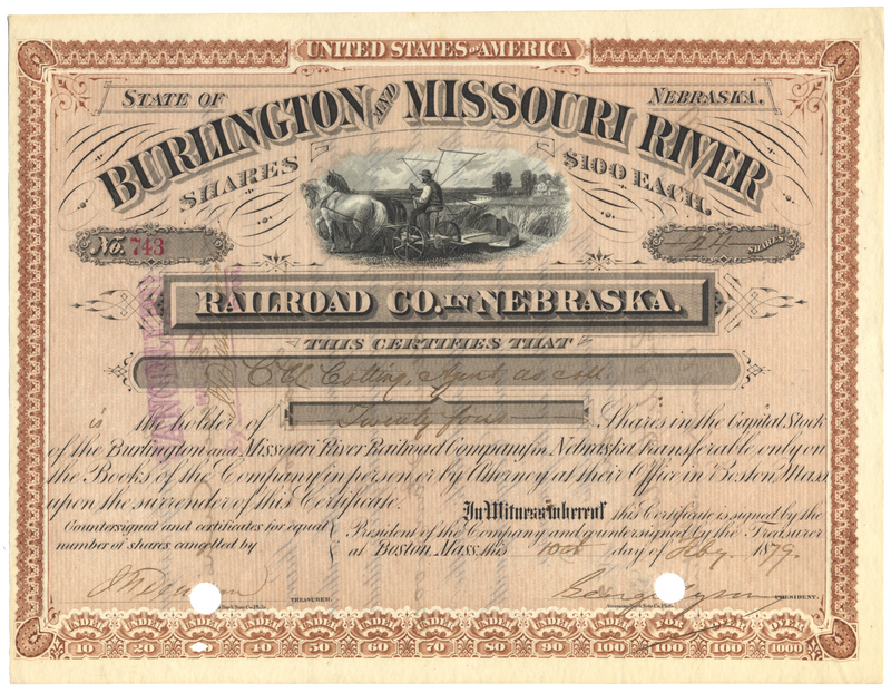 Burlington and Missouri River Railroad Company in Nebraska Stock Certificate