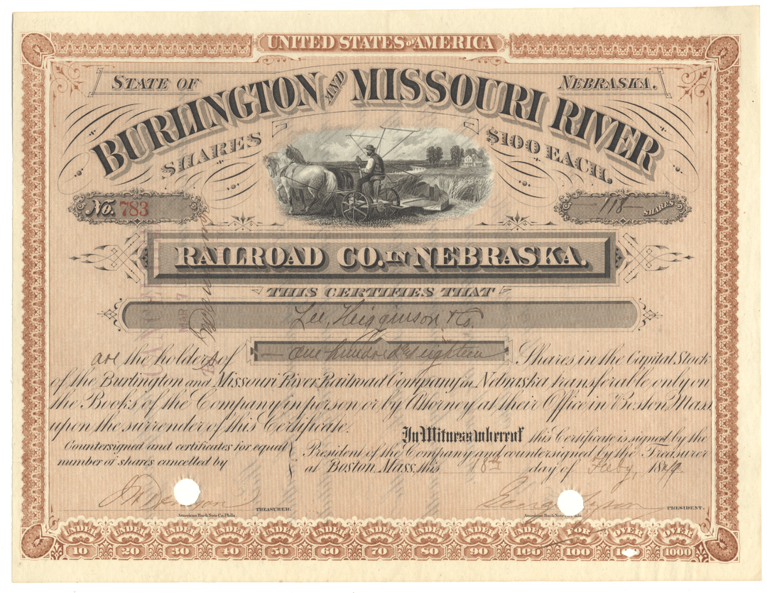 Historical stock certificate from the State of Burlington & Missouri River Railroad Company in Nebraska.