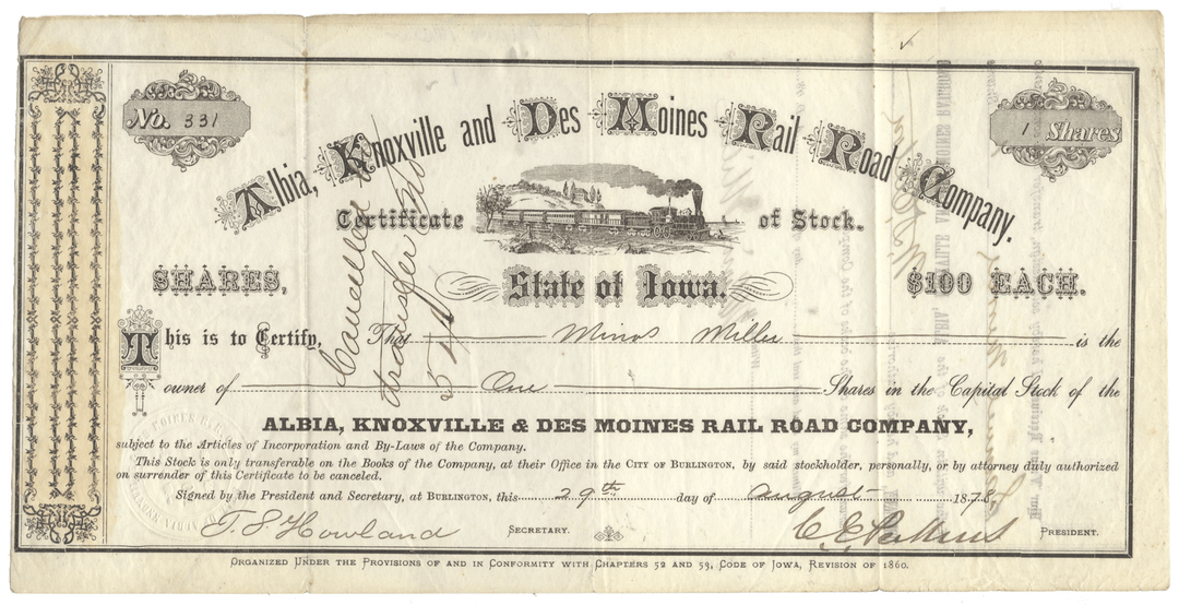 Historical stock certificate for Albia, Knoxville and Des Moines Rail Road Company