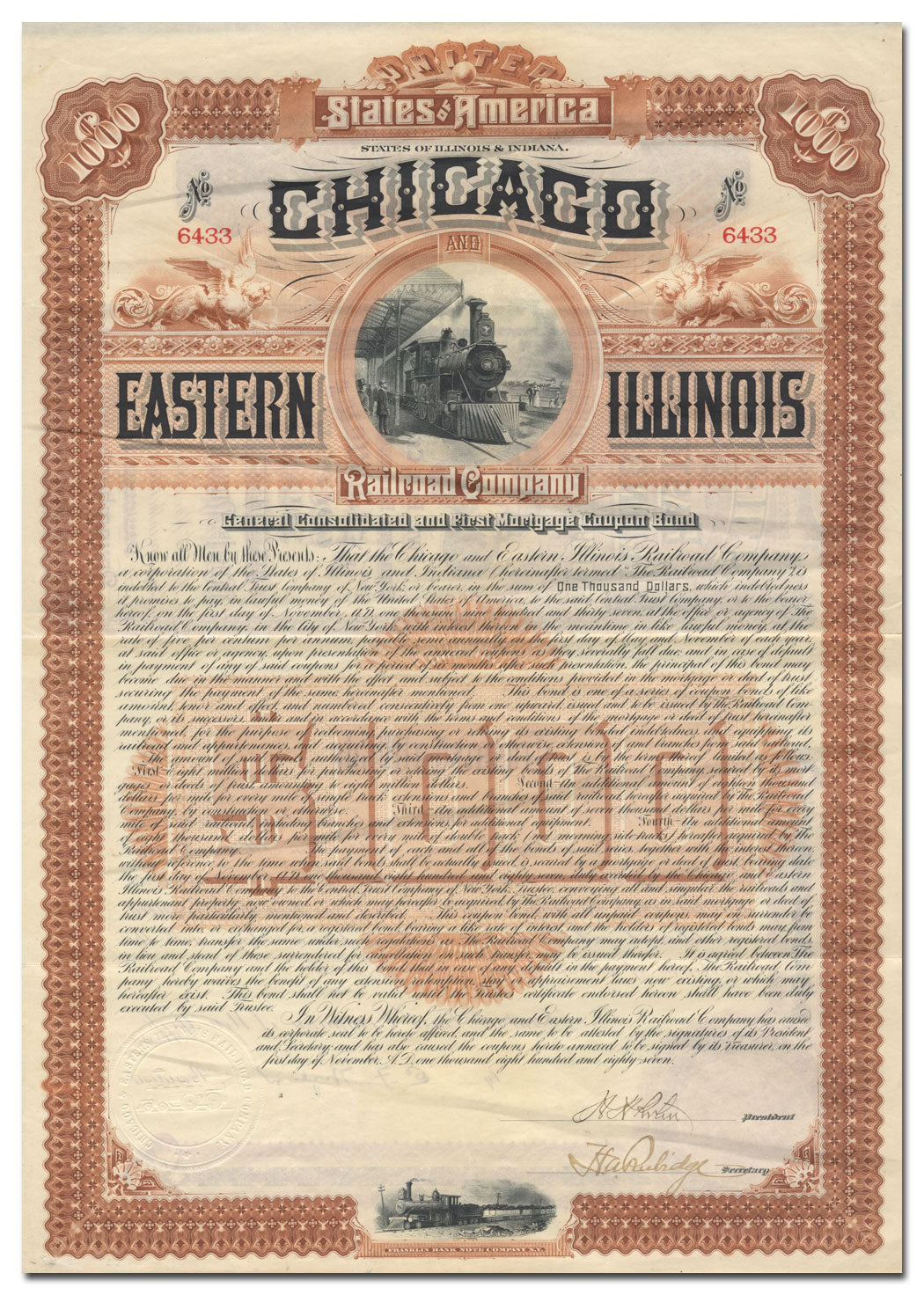 A vintage 1887 Chicago, Eastern Illinois, and Rock Island Railroad bond certificate