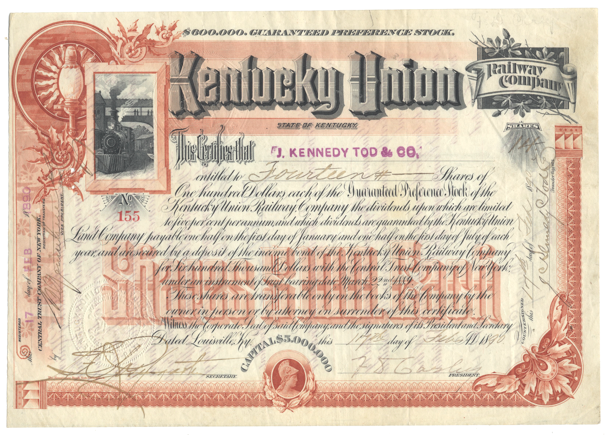 Kentucky Union Railway Company stock certificate from 1890