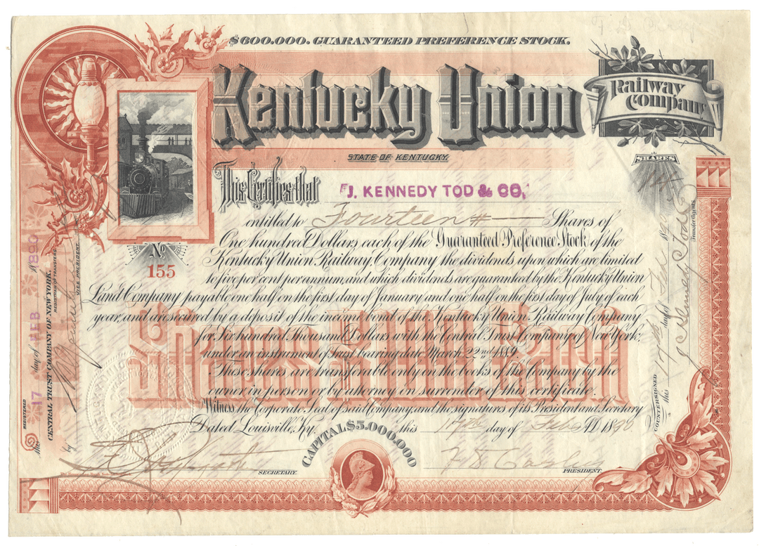 Kentucky Union Railway Company stock certificate from 1890