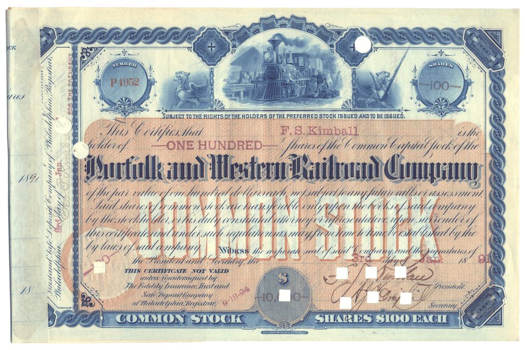 Vintage stock certificate of the Norfolk and Western Railroad Company with decorative elements.