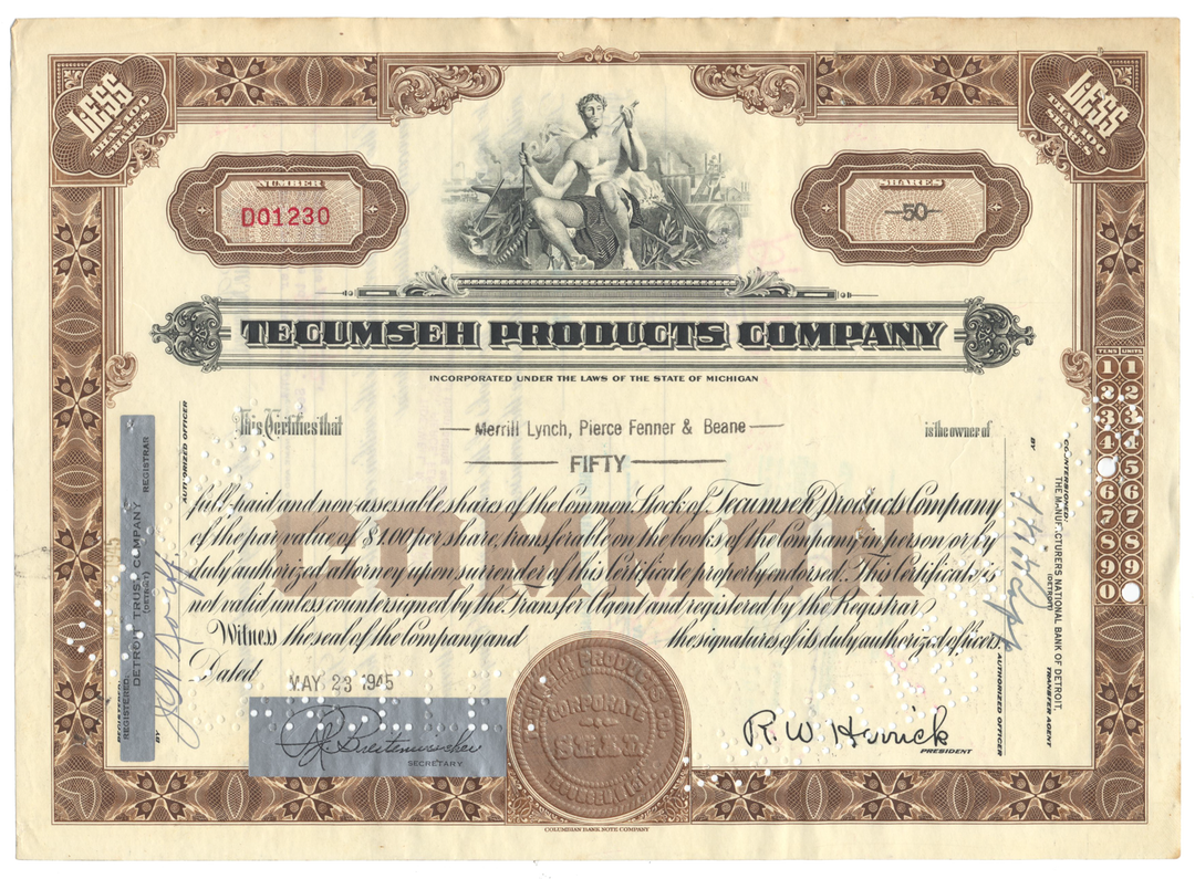 Tecumseh Products Company Stock Certificate