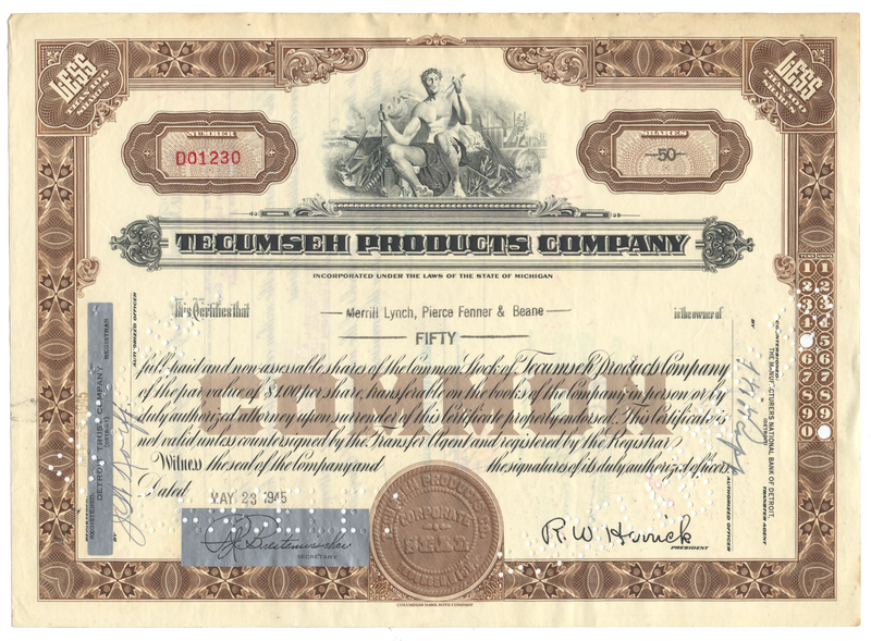 Tecumseh Products Company Stock Certificate