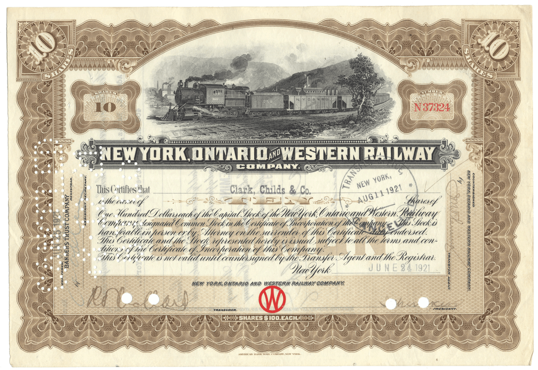 New York, Ontario and Western Railway Company stock certificate from 1921