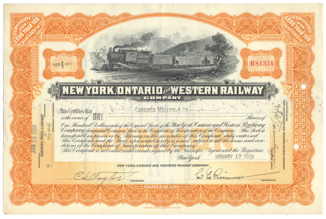 New York, Ontario and Western Railway Company Stock Certificate