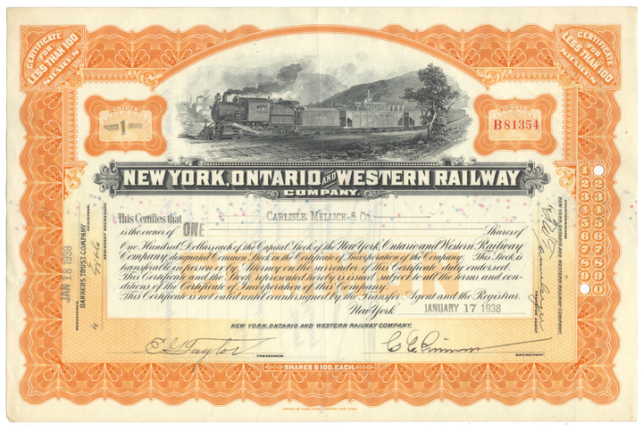 New York, Ontario and Western Railway Company Stock Certificate