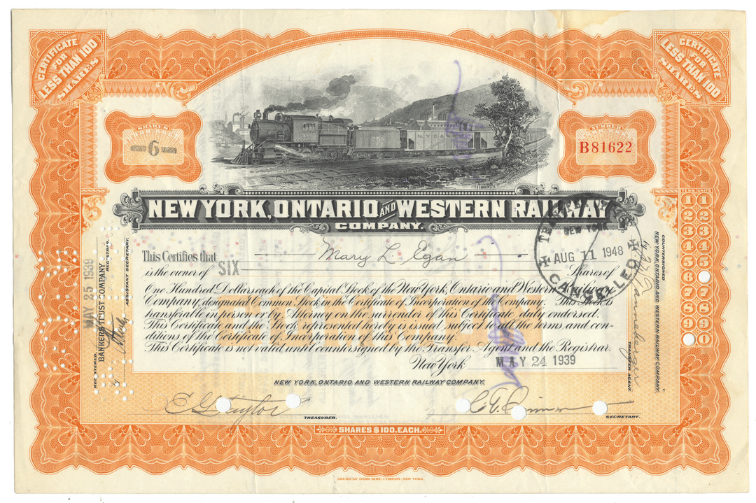 Vintage stock certificate for New York, Ontario and Western Railway Company with train illustration.
