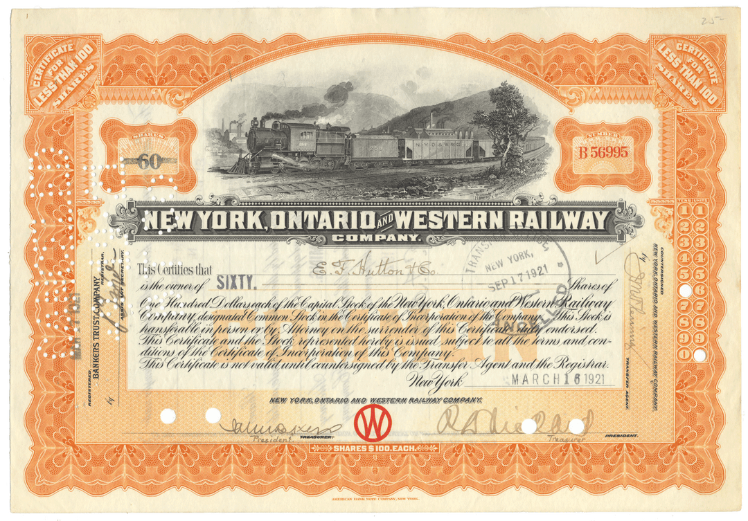 New York, Ontario and Western Railway Company stock certificate with decorative border and train illustration.