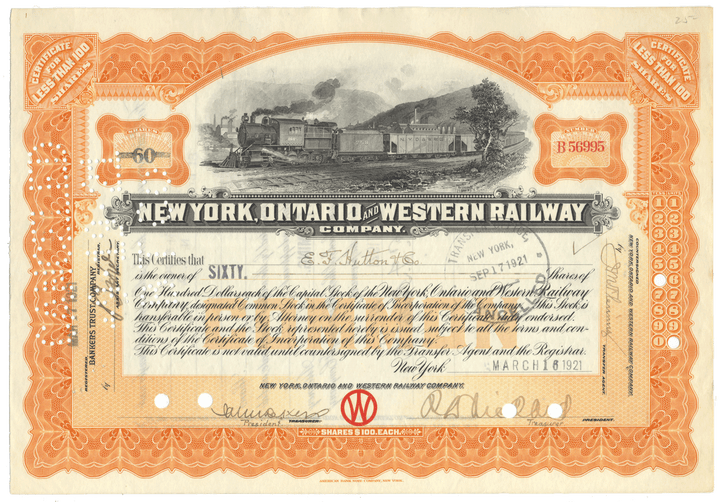 New York, Ontario and Western Railway Company stock certificate with decorative border and train illustration.