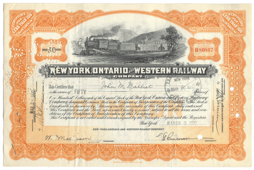New York, Ontario and Western Railway Company stock certificate with train illustration