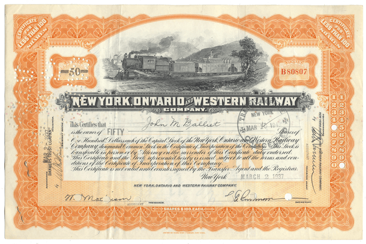 New York, Ontario and Western Railway Company stock certificate with train illustration