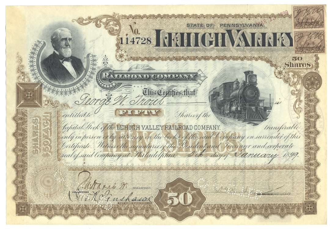 Lehigh Valley Railroad Company stock certificate from 1899 with a portrait and train illustration.