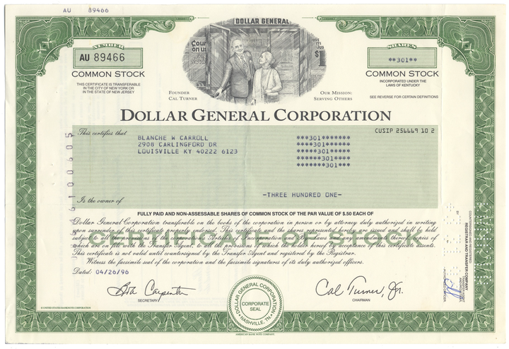 Dollar General Corporation Stock Certificate