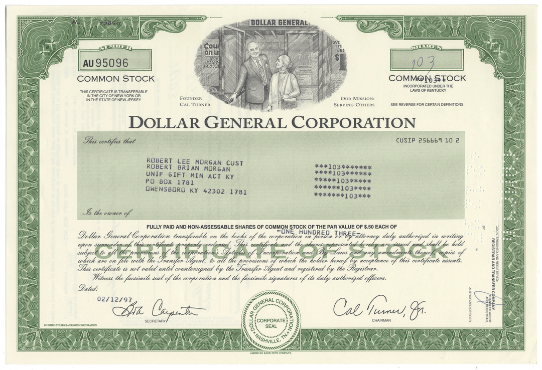 Dollar General Corporation stock certificate with green border and text
