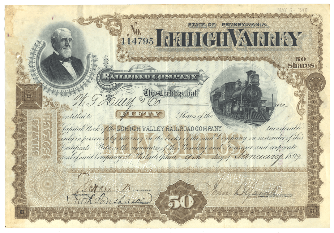 Historical stock certificate from the Lehigh Valley Railroad Company with a portrait and train illustration from 1899
