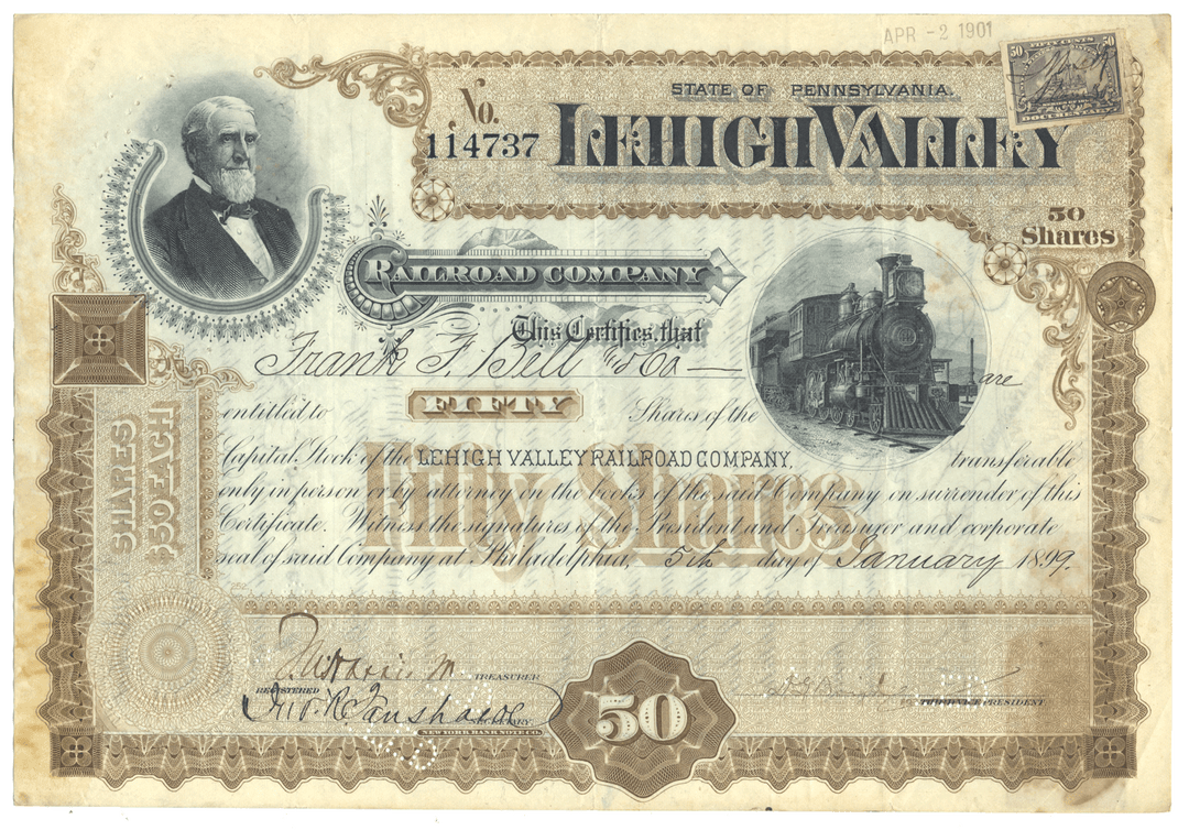 Historical stock certificate from the Lehigh Valley Railroad Company with a portrait and train illustration.