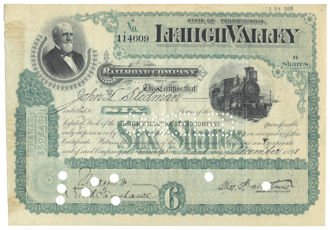 Lehigh Valley Railroad Company stock certificate dating back to 1898