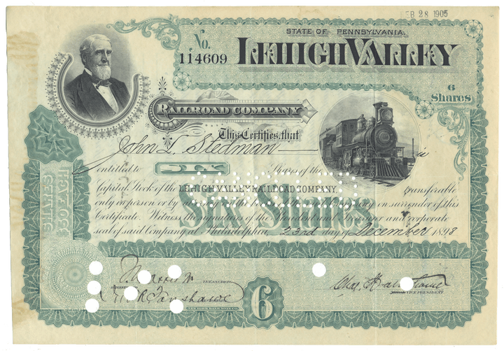Lehigh Valley Railroad Company stock certificate dating back to 1898