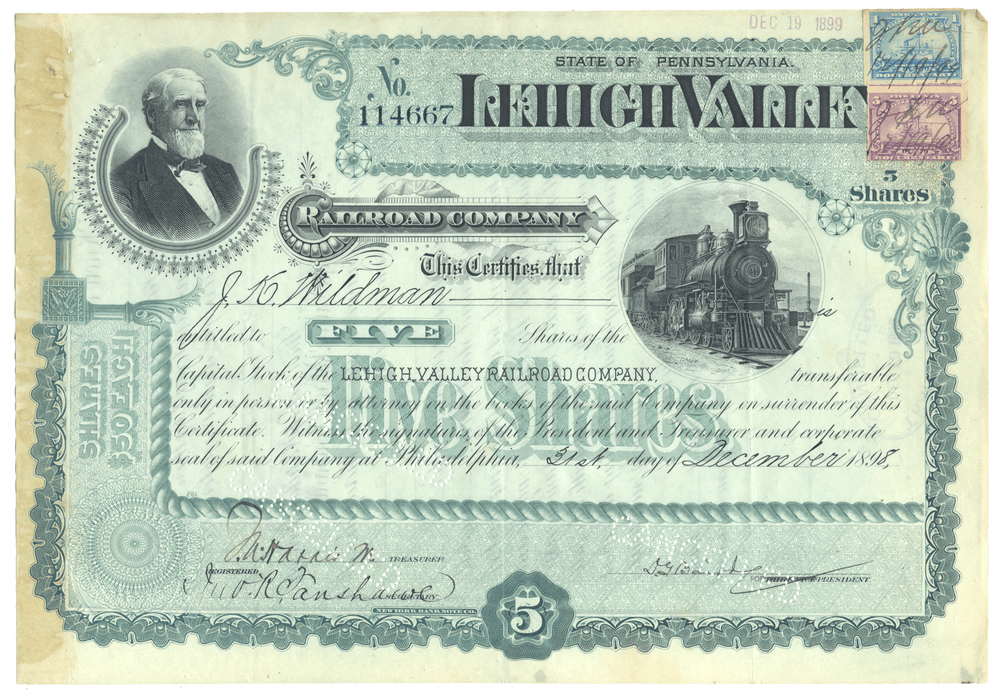 Historical stock certificate from the Lehigh Valley Railroad Company with a portrait and train illustration from 1898