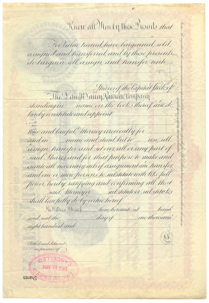 Lehigh Valley Railroad Company Stock Certificate