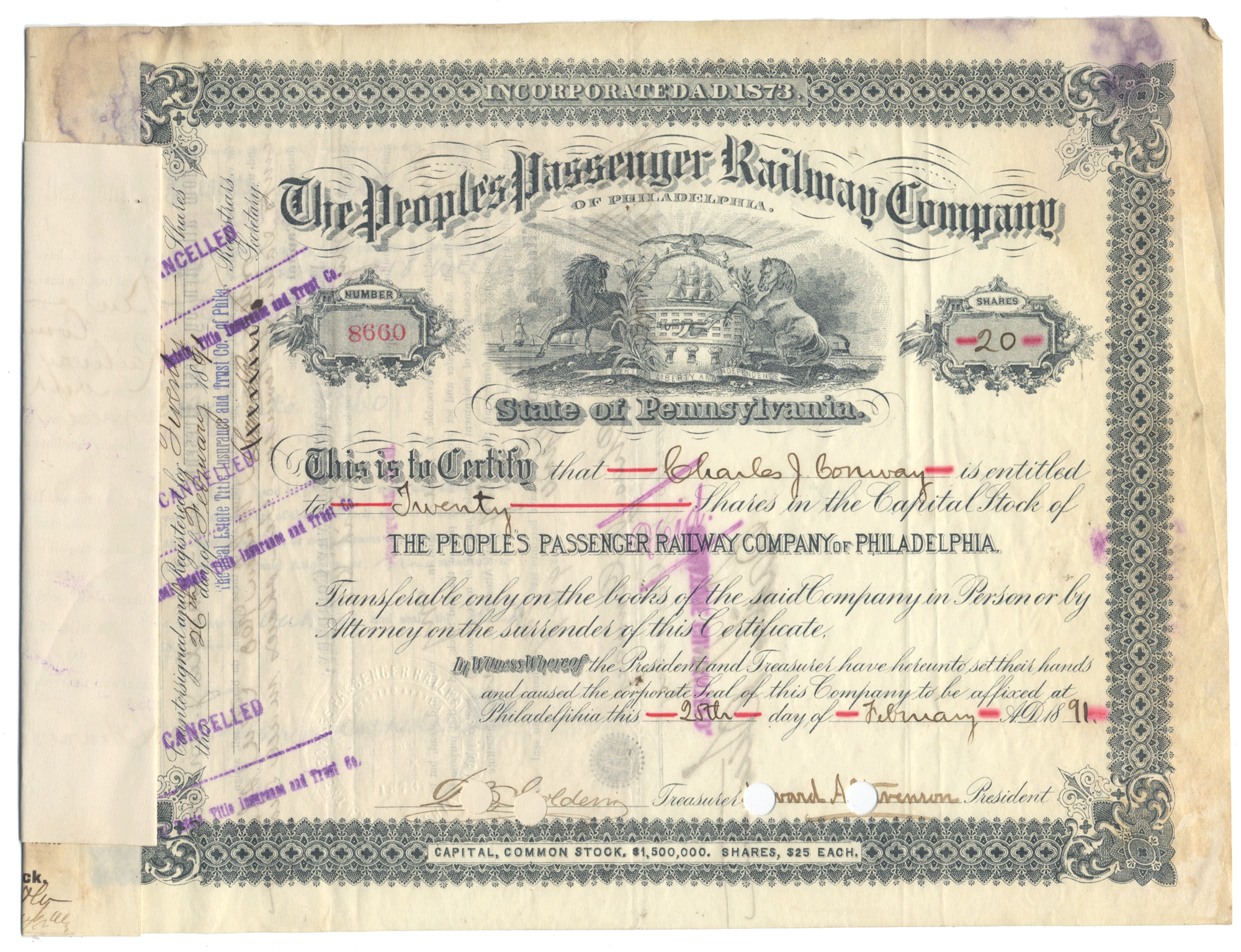 Vintage stock certificate from The People's Passenger Railroad Company of Philadelphia from 1891