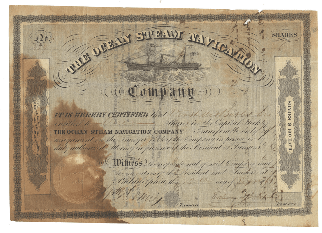 Vintage stock certificate for The Ocean Steam Navigation Company with ship illustration from 1861