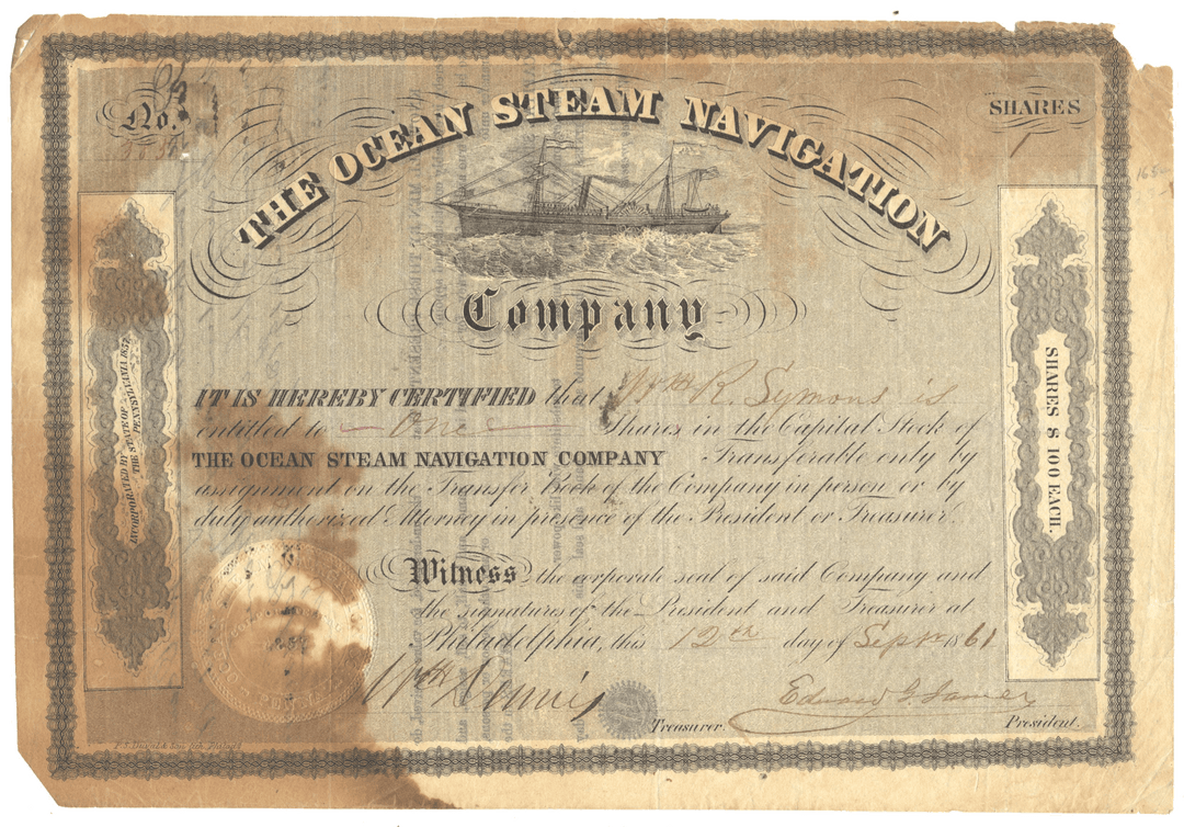 An antique  stock certificate from The Ocean Steam Navigation Company dated 1861