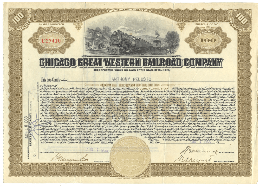 Historical stock certificate of the Chicago Great Western Railroad Company with a train illustration.