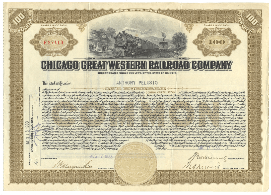 Historical stock certificate of the Chicago Great Western Railroad Company with a train illustration.