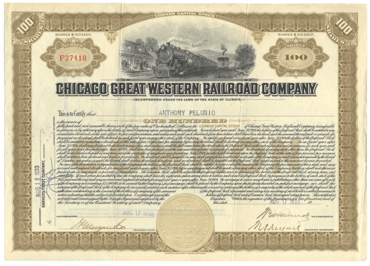 Historical stock certificate of the Chicago Great Western Railroad Company with a train illustration.