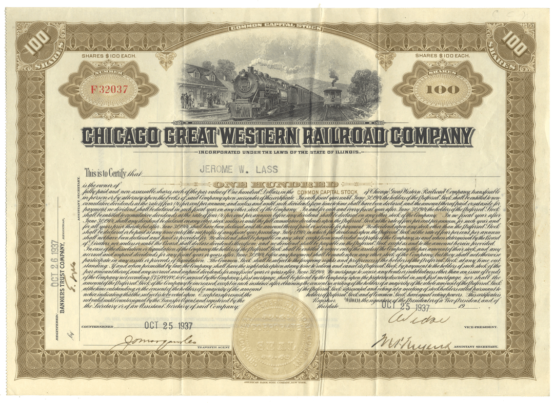 Historical stock certificate of the Chicago Great Western Railroad Company with a train illustration from 1937