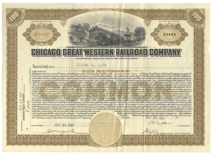 Historical stock certificate of the Chicago Great Western Railroad Company with a train illustration from 1937