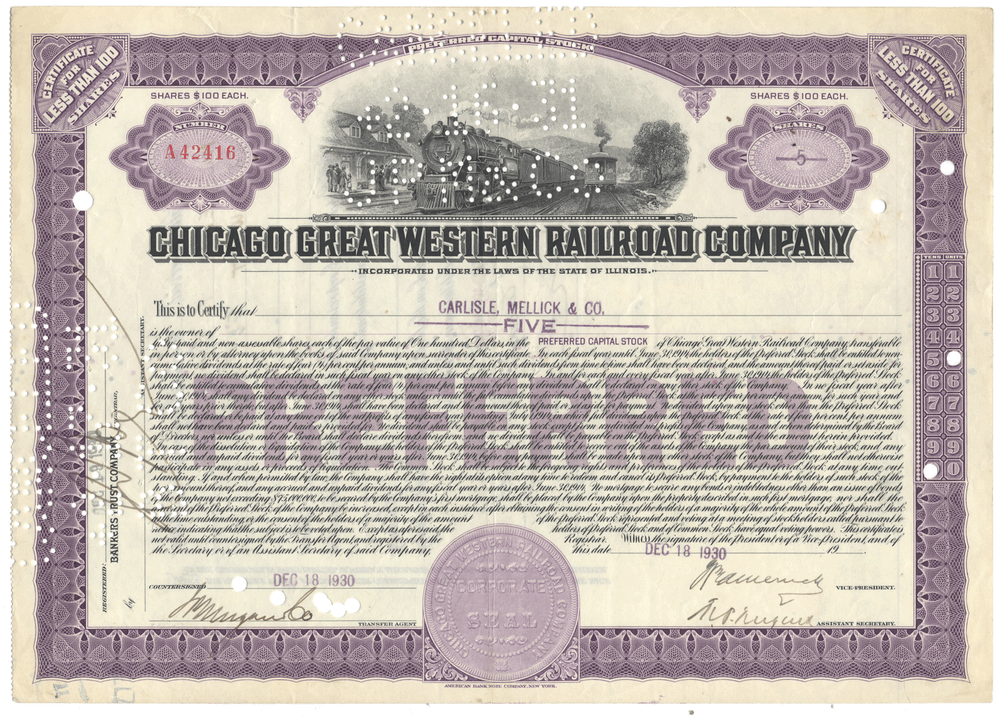 A vintage Chicago Great Western Railroad Company stock certificate from 1930