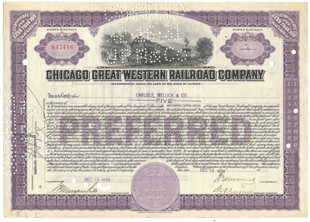 A vintage Chicago Great Western Railroad Company stock certificate from 1930