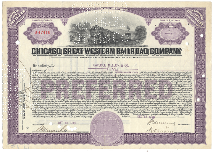 A vintage Chicago Great Western Railroad Company stock certificate from 1930