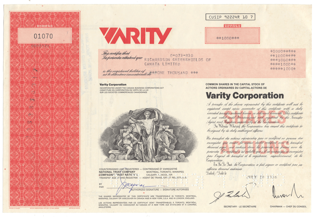 Vintage stock certificate for Varsity Corporation with red and beige design.