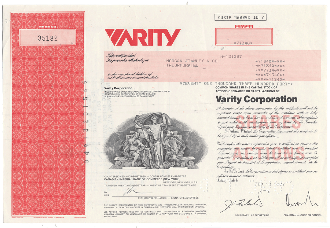 Varity Corporation Stock Certificate