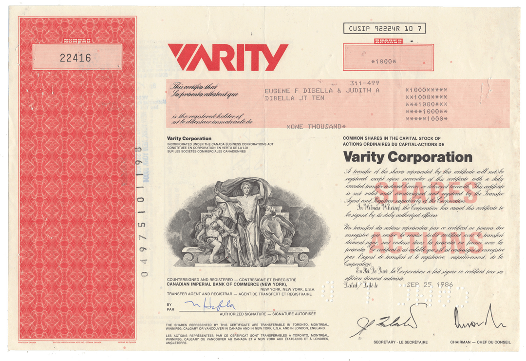 A vintage Variety Corporation stock certificate from 1986