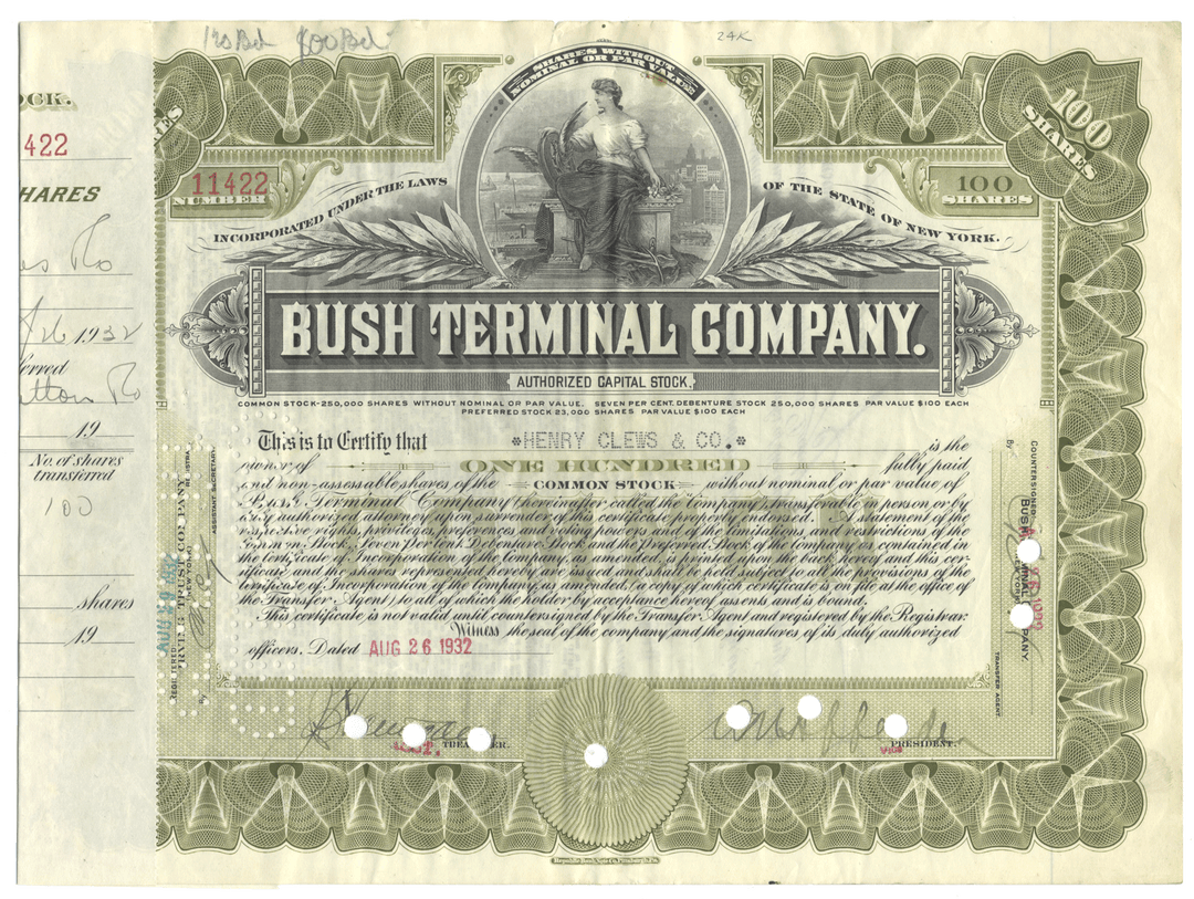 Vintage stock certificate for Bush Terminal Company with decorative elements and text.