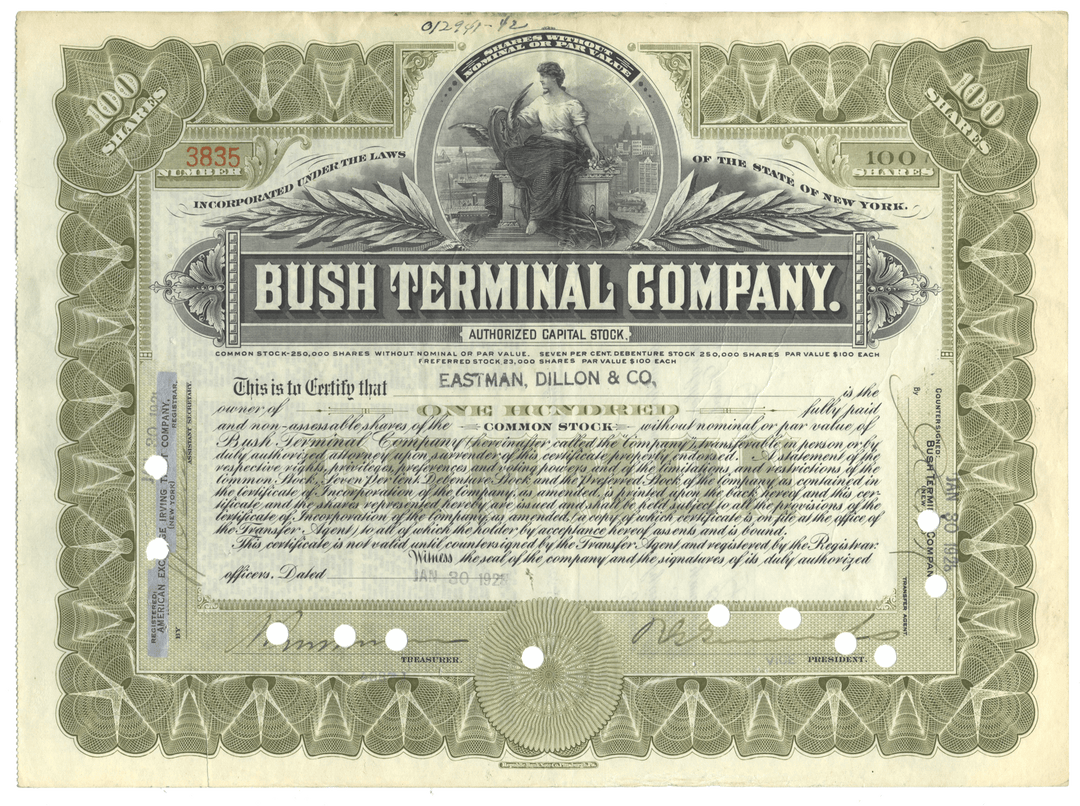Stock certificate of the Bush Terminal Company with decorative elements and text.